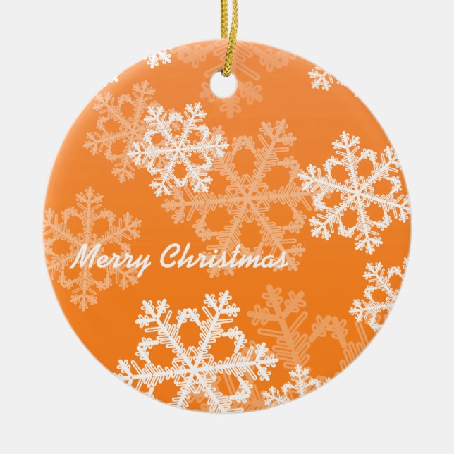 Orange White Snowflakes Minimalist Christmas Ceramic Ornament (Front)