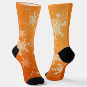 Orange White Snowflakes Minimalist Christmas Name Socks