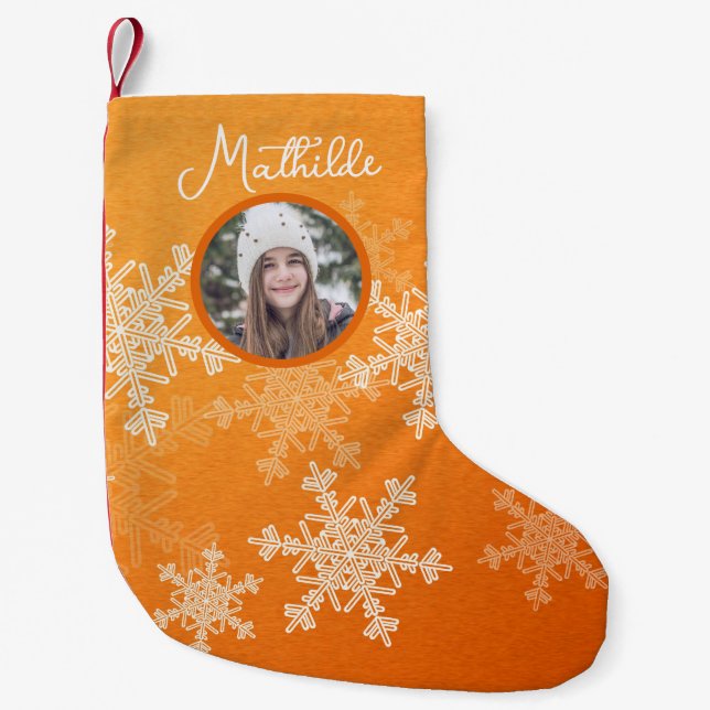 Orange White Snowflakes Minimalist Christmas Photo Small Christmas Stocking (Front)