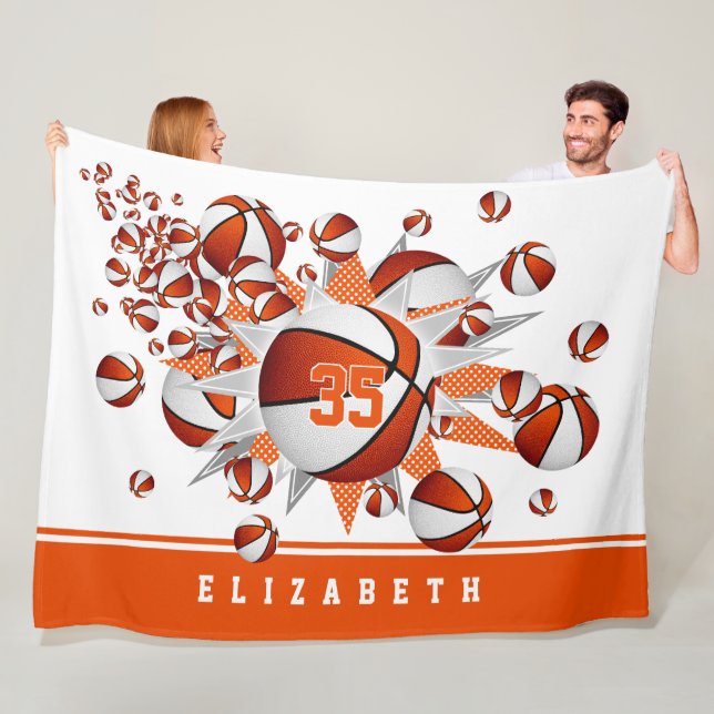 orange white sports room girls basketballs stars fleece blanket (In Situ)