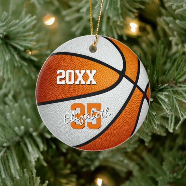 orange white team colours boys girls basketball ceramic ornament (Tree)