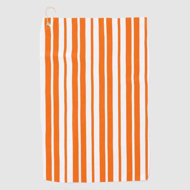 Orange White Vertical Stripes Pattern Golf Towel (Front)