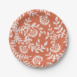 Orange White Vintage Floral Print Party Paper Plate