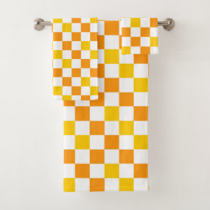 Orange White Yellow Chequered Pattern Design Bath Towel Set