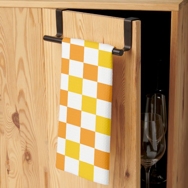 Orange White Yellow Chequered Pattern Design  Kitchen Towel (Thirds Fold)
