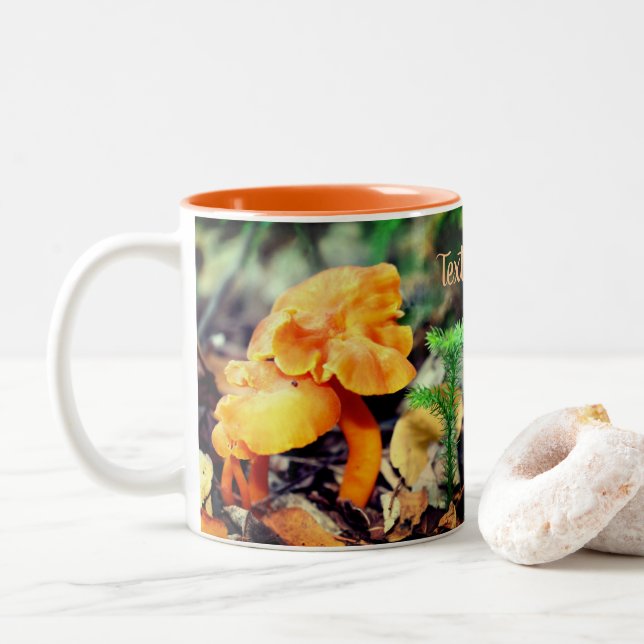 Orange Wild Mushrooms Nature Personalized Two-Tone Coffee Mug (With Donut)