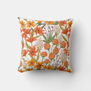 Orange Wildflower Botanical Pattern  Throw Pillow