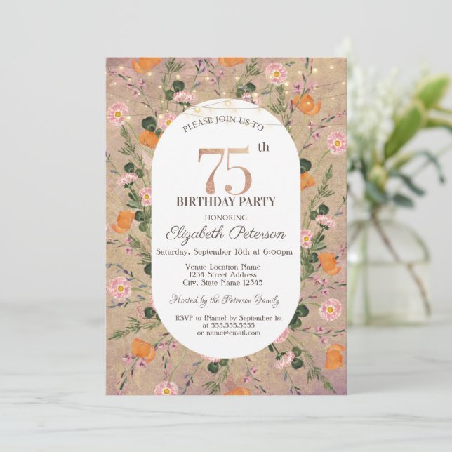Orange Wildflower String Lights 75th Birthday Invitation (Standing Front)