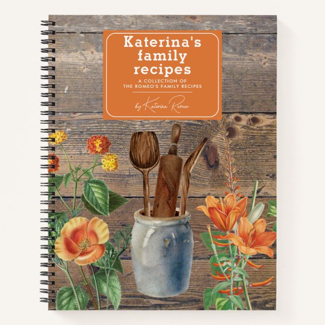 Orange Wildflowers Wood Kitchen Utensils Recipe Notebook (Front)