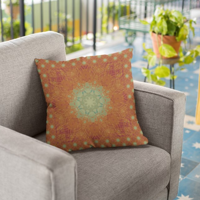 Orange Wine Sage Green Wavy Mandala Tile Outdoor Pillow (Creator Uploaded)