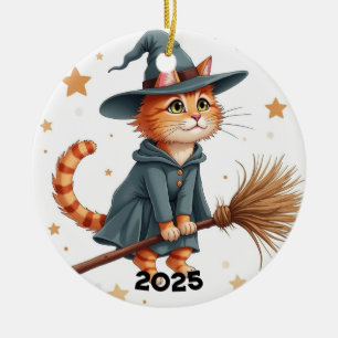 Orange Witch Cat Ceramic Ornament