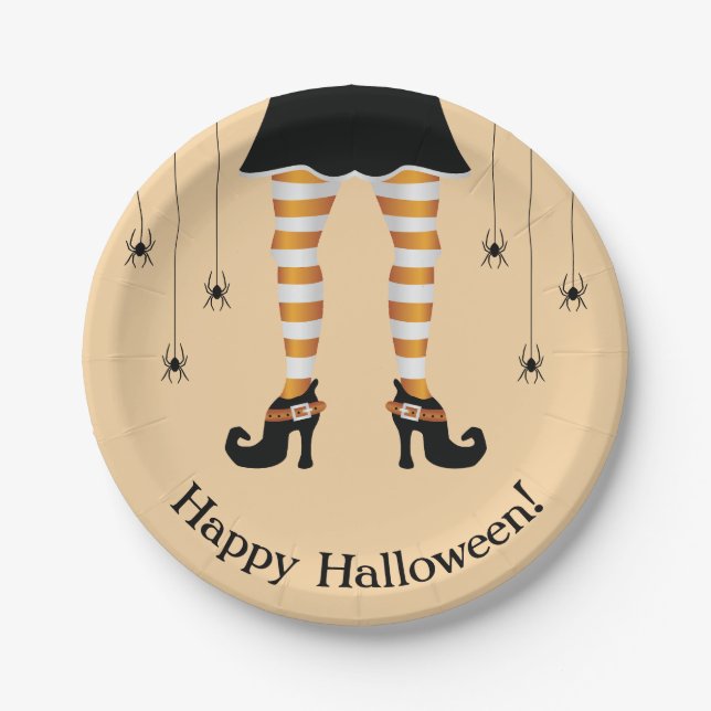 Orange Witch Legs And Spiders Happy Halloween Paper Plate (Front)