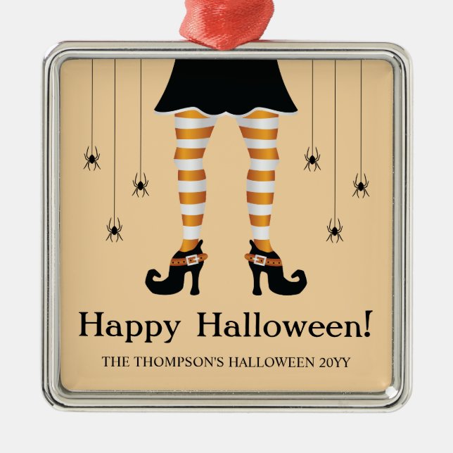 Orange Witch Legs And Spiders Happy Halloween Text Metal Ornament (Front)