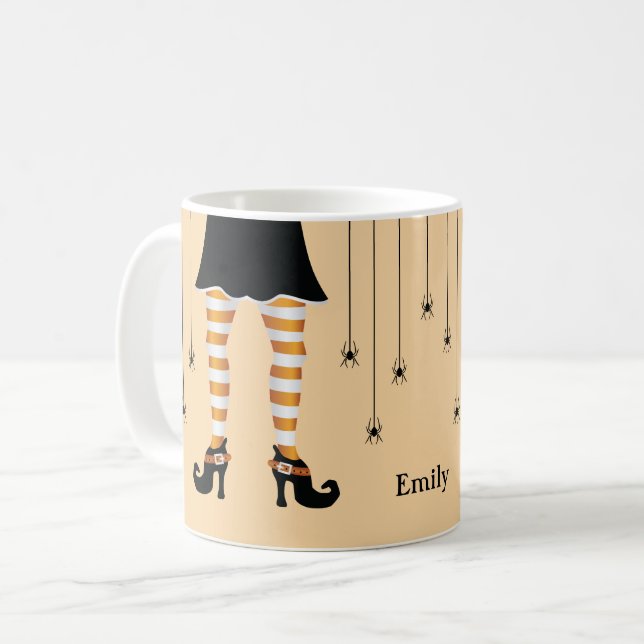 Orange Witch Legs And Spiders With Name Halloween Coffee Mug (Front Left)