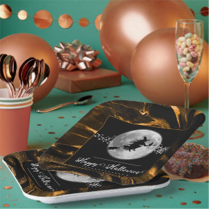 Orange Witch Silhouette Halloween Paper Plate