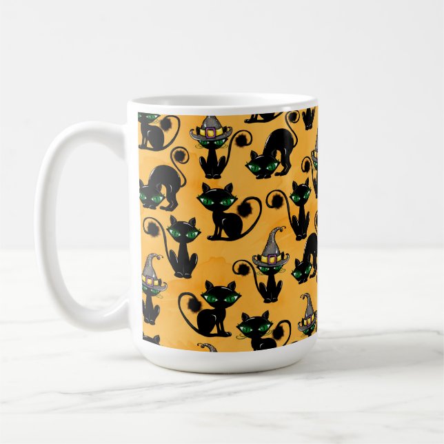 ORANGE WITH ADORABLE HALLOWEEN BLACK CATS COFFEE MUG (Left)