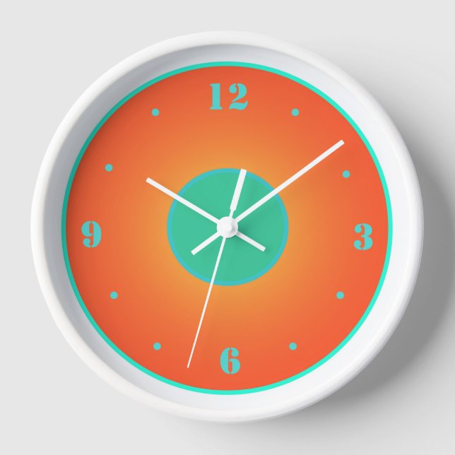 Orange with Aqua Green on White Background  Clock (Front)