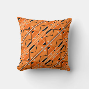 Orange with Beige, Black Shapes Diagonal Design Throw Pillow