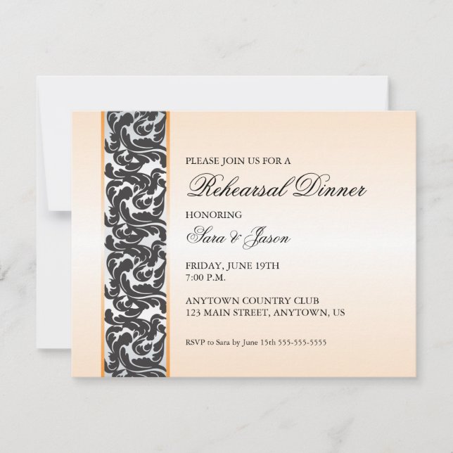 Orange with Black Swirly Ribbon Rehearsal Dinner Invitation (Front)