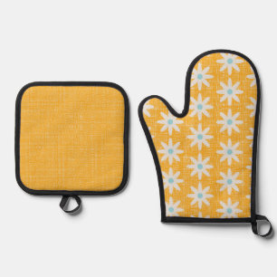 ORANGE WITH BLUE & WHITE DAISY FLOWERS OVEN MITT & POT HOLDER SET