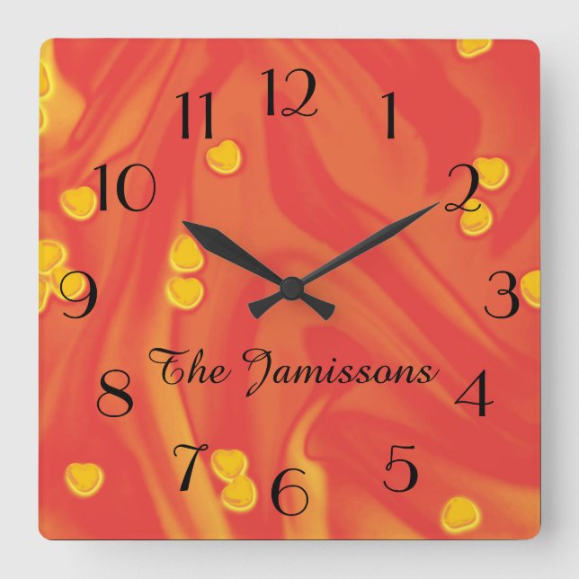 Orange with Small Yellow Hearts, Name, Round or  Square Wall Clock (Front)