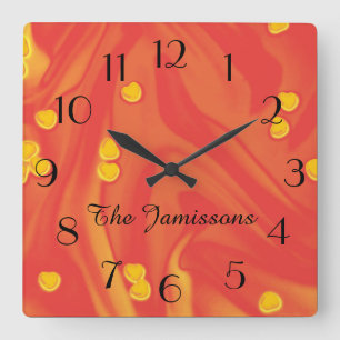 Orange with Small Yellow Hearts, Personalized Square Wall Clock