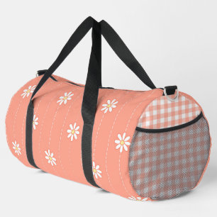 ORANGE WITH TINY WHITE DAISIES & PLAID PATTERN DUFFLE BAG