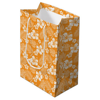 ORANGE WITH TROPICAL WHITE HIBISCUS FLOWERS MEDIUM GIFT BAG