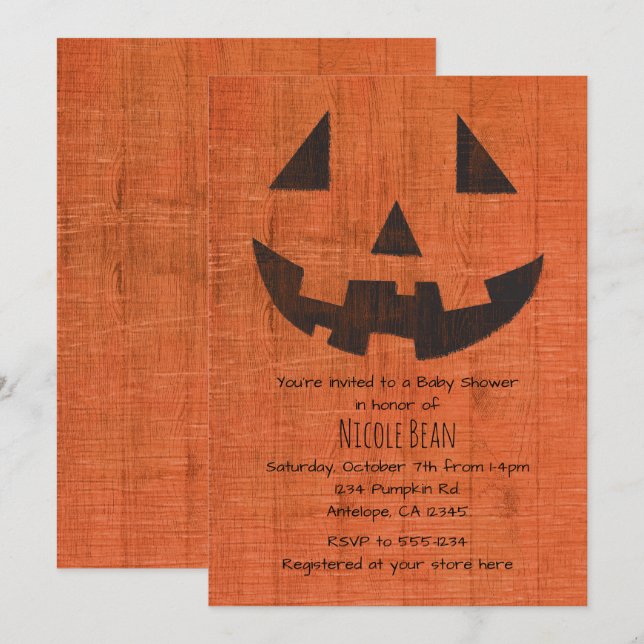 Orange Wooden Pumpkin Rustic Halloween Party Invitation (Front/Back)