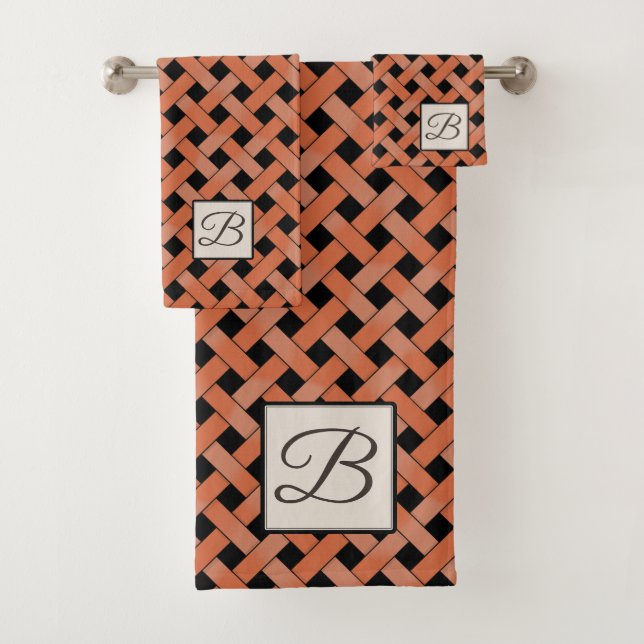 Orange Woven Rattan on Custom Colour with Monogram Bath Towel Set (Insitu)