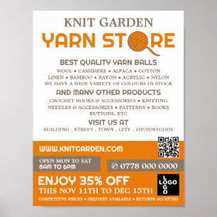 Orange Yarn Store Logo, Knitting Store, Yarn Store Poster