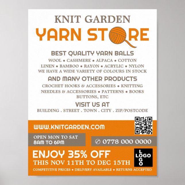 Orange Yarn Store Logo, Knitting Store, Yarn Store Poster (Front)
