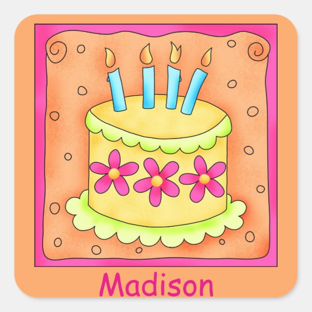 Orange Yellow 4th Birthday Cake Name Personalize Square Sticker (Front)