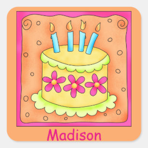 Orange Yellow 4th Birthday Cake Name Personalize Square Sticker