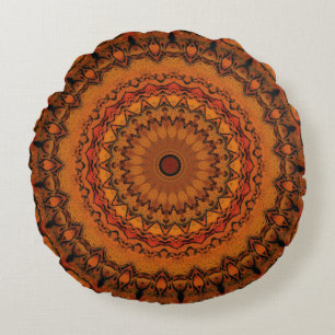 Orange, Yellow and Black Mandala Round Pillow