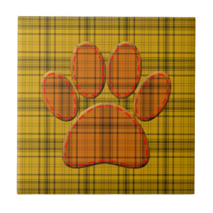 Orange Yellow And Black Plaid Dog Paw Tile