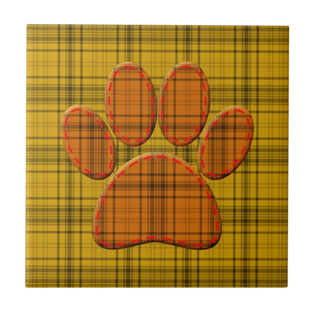 Orange Yellow And Black Plaid Dog Paw Tile (Front)