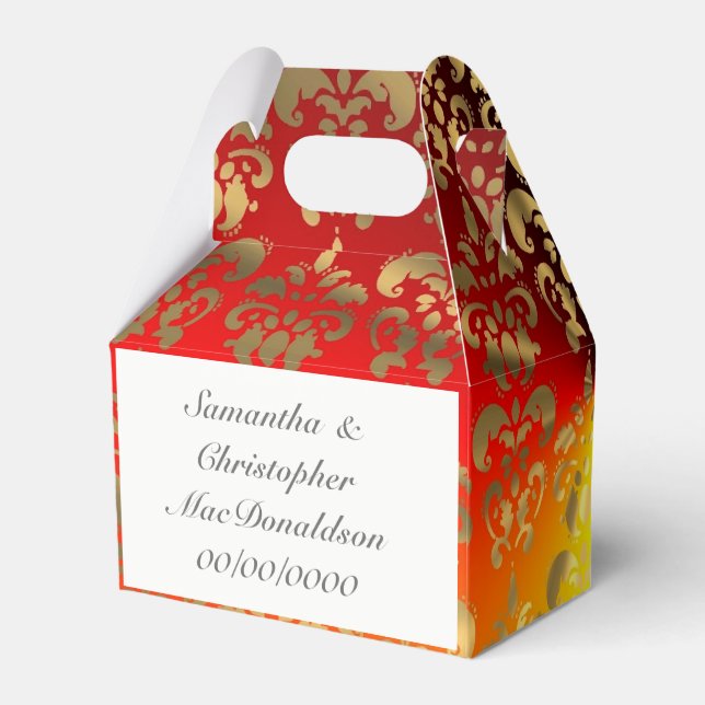 Orange yellow and gold damask wedding favor box (Back Side)