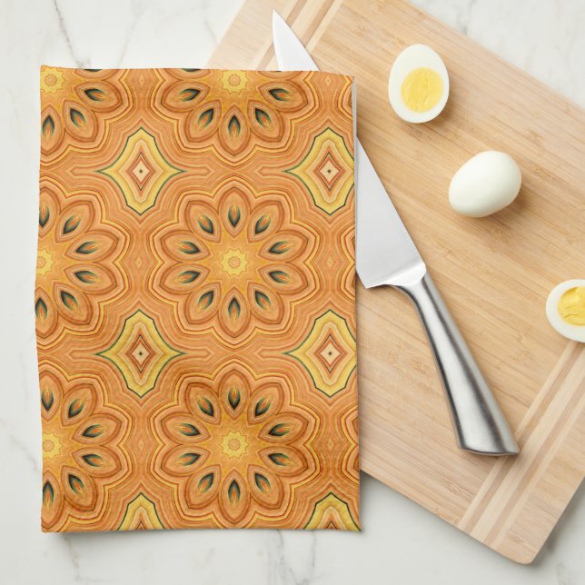 Orange, Yellow and Green Flower Kaleidoscope Kitchen Towel (Quarter Fold)