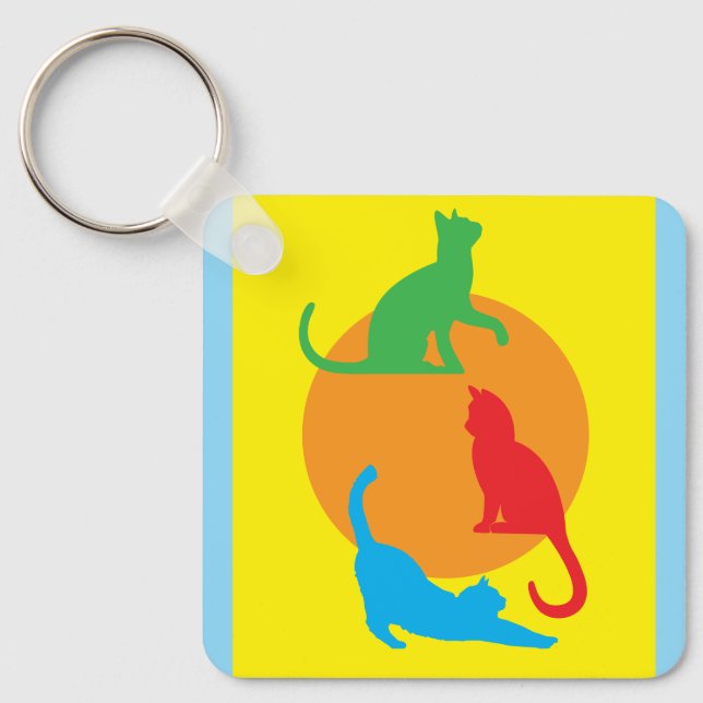 Orange & Yellow Art Keychain with Colorful Cats (Front)