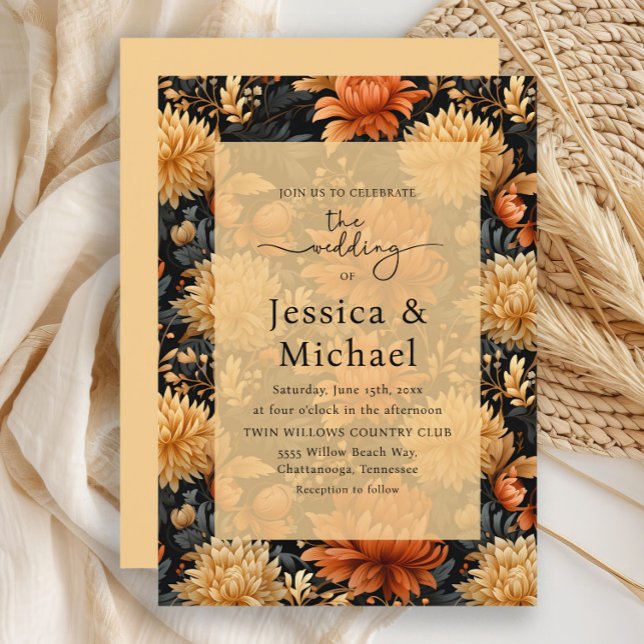 Orange Yellow Autumn Watercolor Floral Wedding Invitation (Burnt orange and yellow floral autumn wedding invitation)