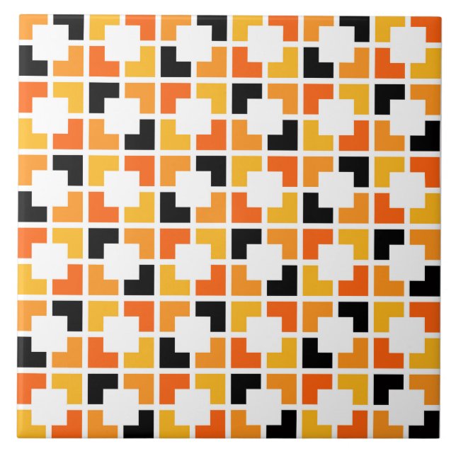 Orange Yellow Black Squares geometric pattern Tile (Front)