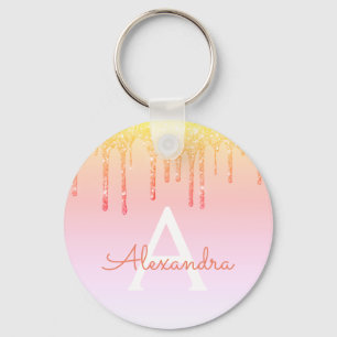 Orange Yellow Bling Sparkle Glitter Monogram Keychain