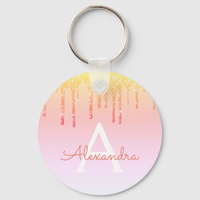 Orange Yellow Bling Sparkle Glitter Monogram Keychain (Front)
