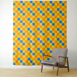 Orange Yellow Blue Chequered Pattern Design Tapestry