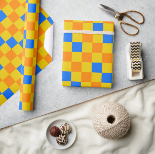 Orange Yellow Blue Chequered Pattern Design  Wrapping Paper