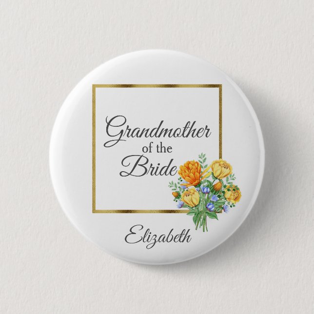 Orange Yellow Blue  Floral Grandmother of Bride 2 Inch Round Button (Front)