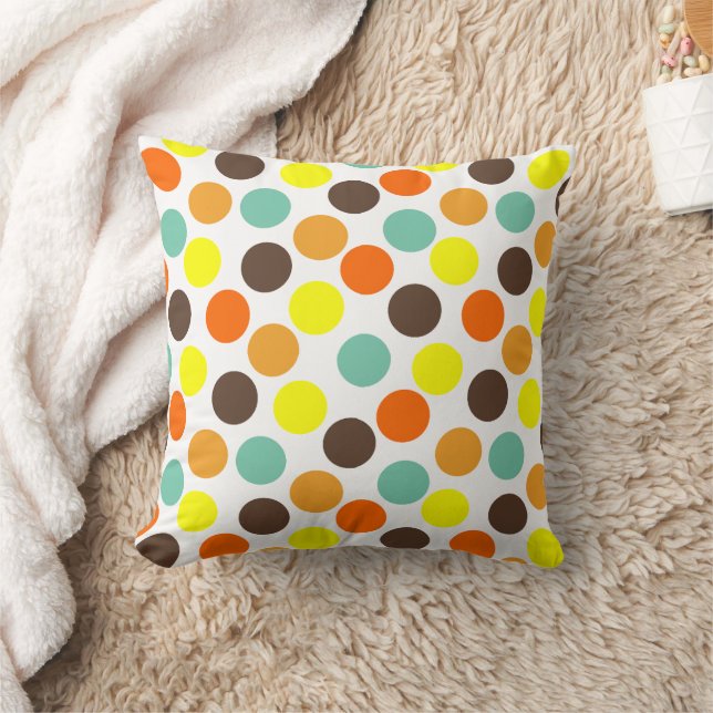 Orange, Yellow, Brown, Blue Dots  Throw Pillow (Blanket)