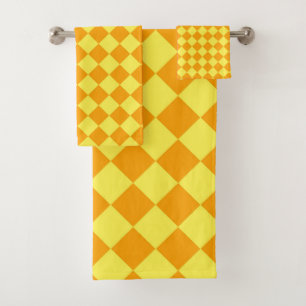 Orange Yellow Chequered Diamond Pattern Bath Towel Set