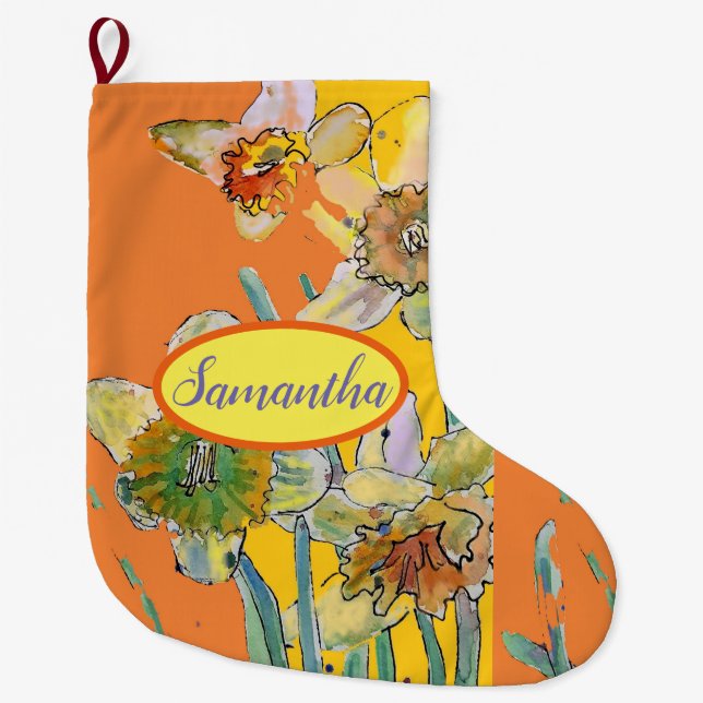 Orange Yellow Daffodil Floral Flowers Large  Large Christmas Stocking (Front)